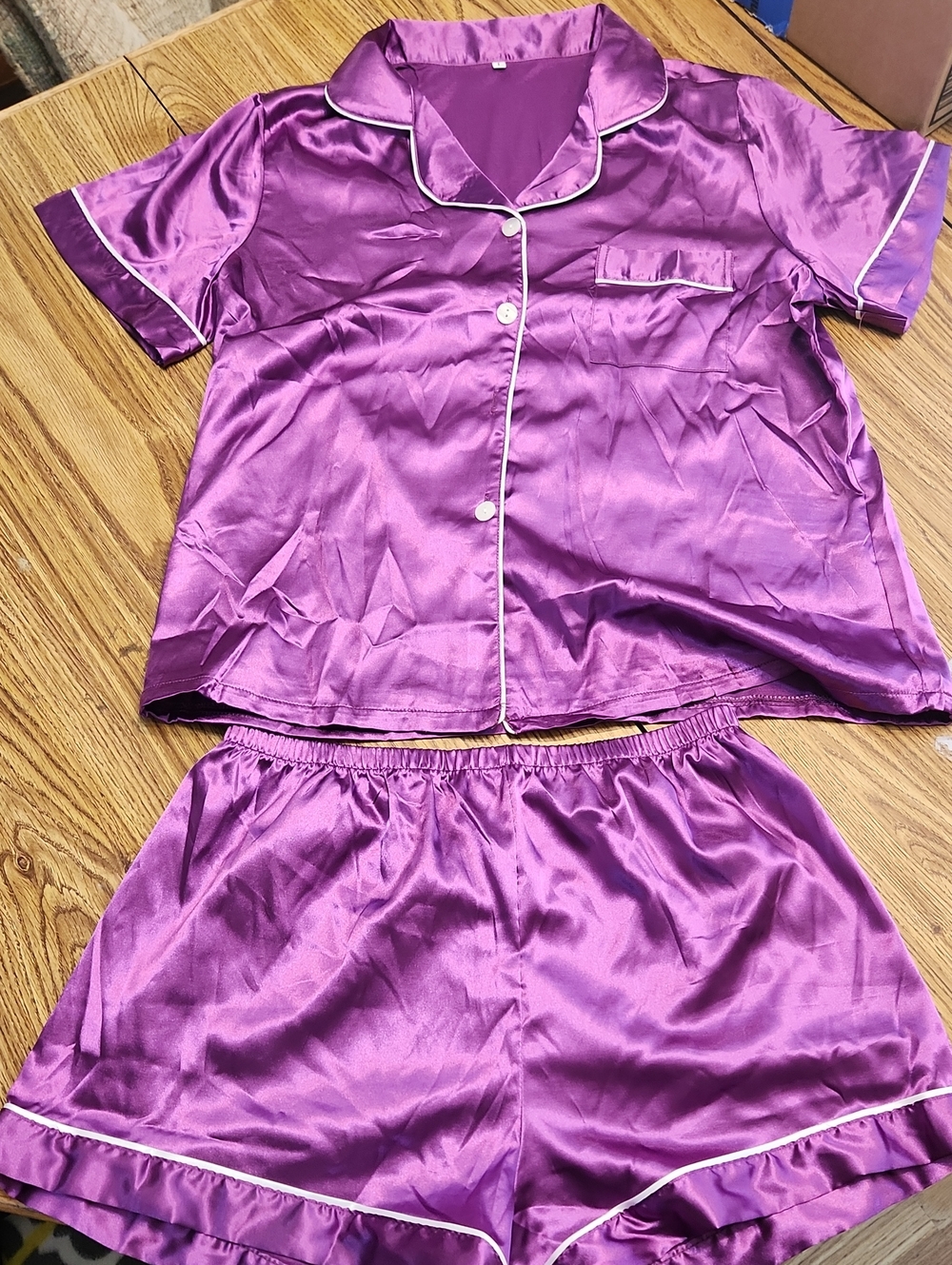 SHEIN Purple Satin Short And Pant Pajama Set with White Piping